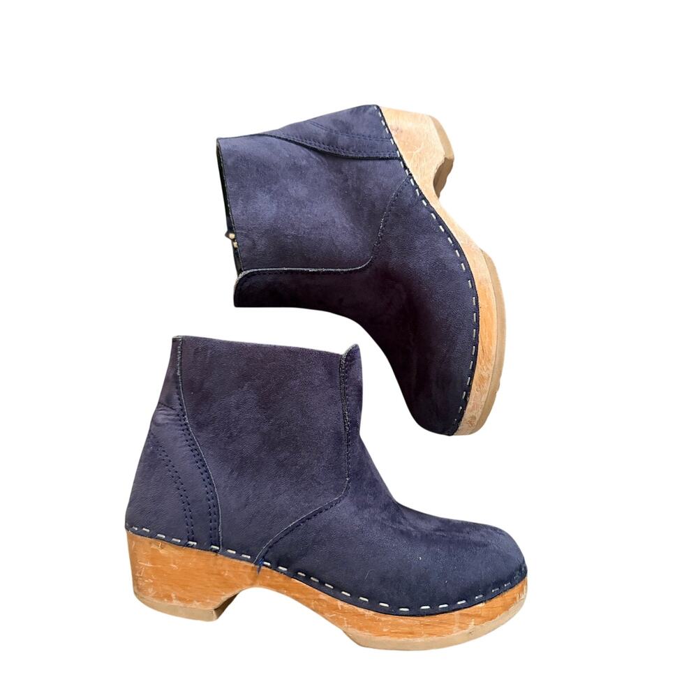 Hanna Andersson Navy Suede Wooden Clog Ankle Boots Girls Size 3 Side Zip